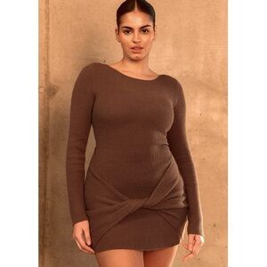 NWT PLT LABEL Plus Dark Brown Knitted Twisted  Long Sleeves Mini Dress Size XXL